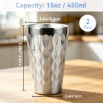 KIMQI Stainless Steel Drinking Cups, 2 Pack 15oz Metal Tumbler Cups for Beer Coffee Juice Milk,  Pint Cups for Restaurant Camping Party Bar